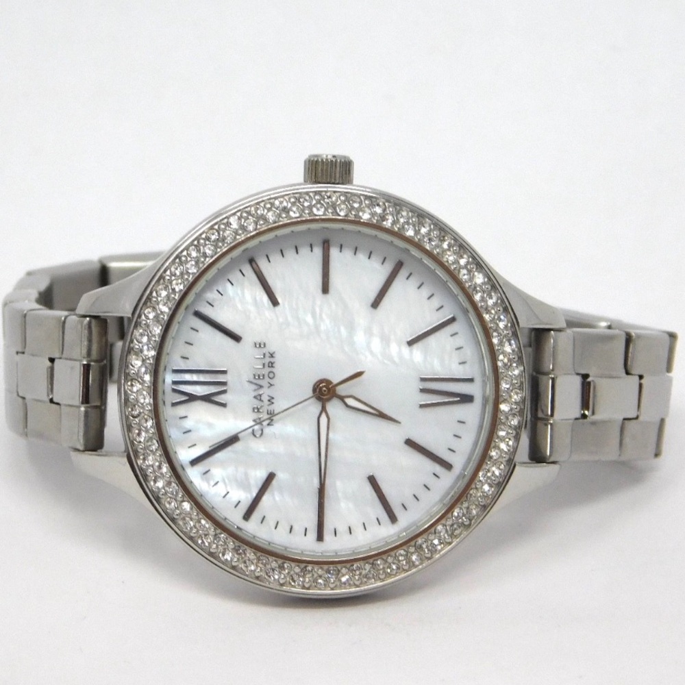Caravelle 43L165 Women's Watch Silver Tone Mother Of Pearl Dial Crystals Ladies